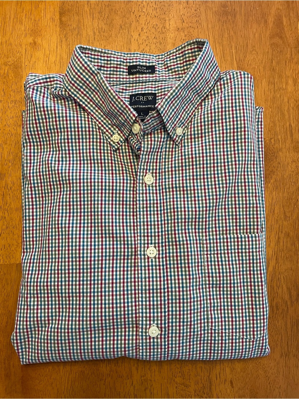 J. Crew Slim Untucked Performance Button-Down in Red, Blue, Green gingham L